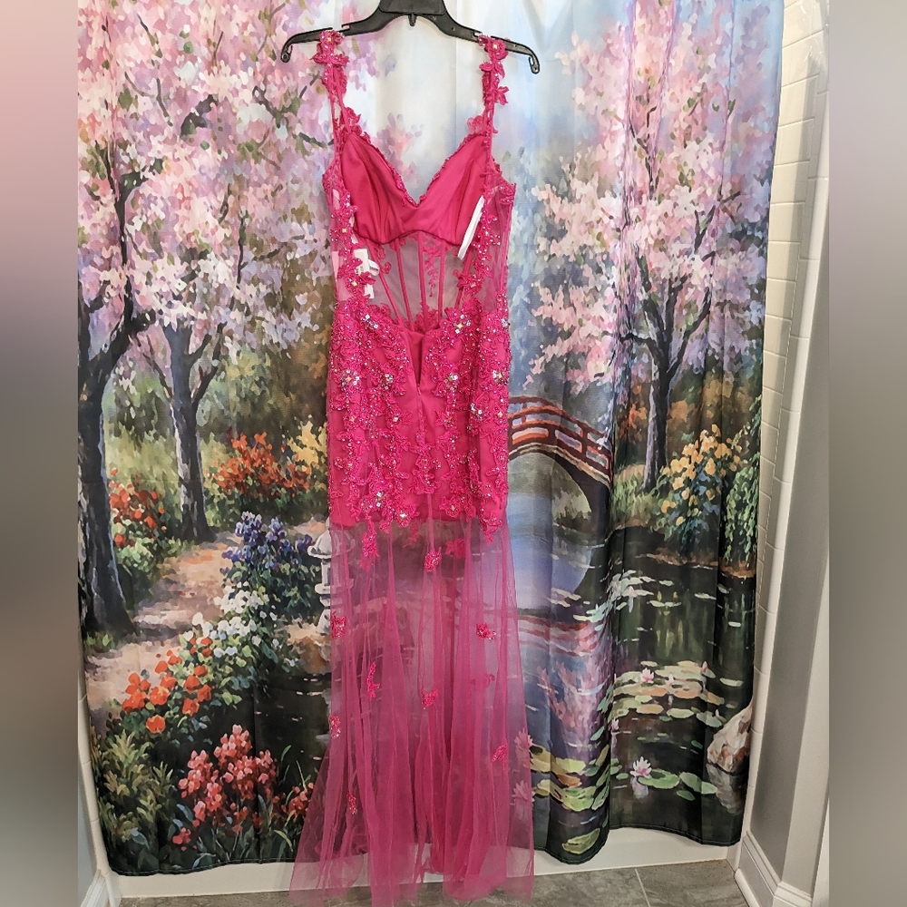 Jovani Hot Pink Beaded Sheer Prom Dress - Picture 3 of 7